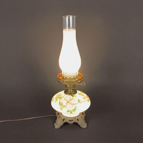 Hand Painted Hurricane Lamp Built Oil Lamp Style Frosted Chimney Floral Pattern - Picture 1 of 11
